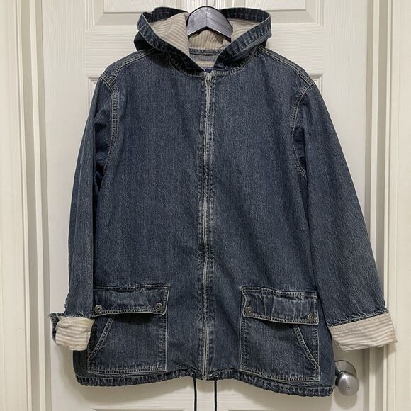Vintage LA Blues Denim Chore Coat Barn Jacket Jean 90s Y2K Hood Zip Womens 18 20 - Picture 1 of 15